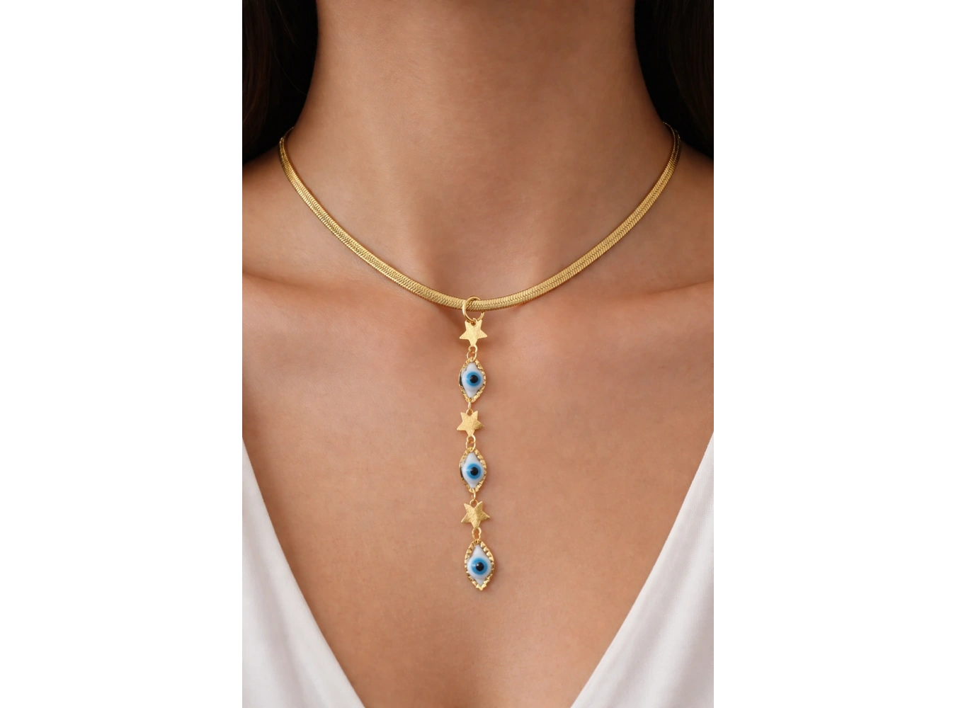 Altın Renk Göz Ve Yıldız Figürlü Çelik Kolye