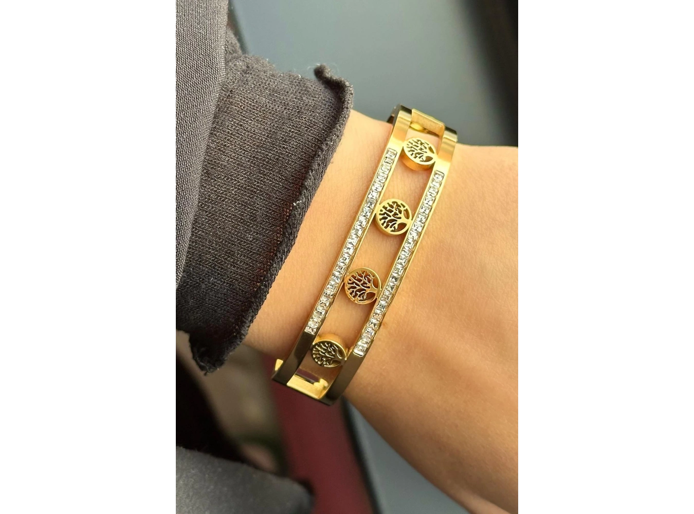 Altın Renk Hayat Ağacı Figürlü Çelik Kelepçe Bileklik