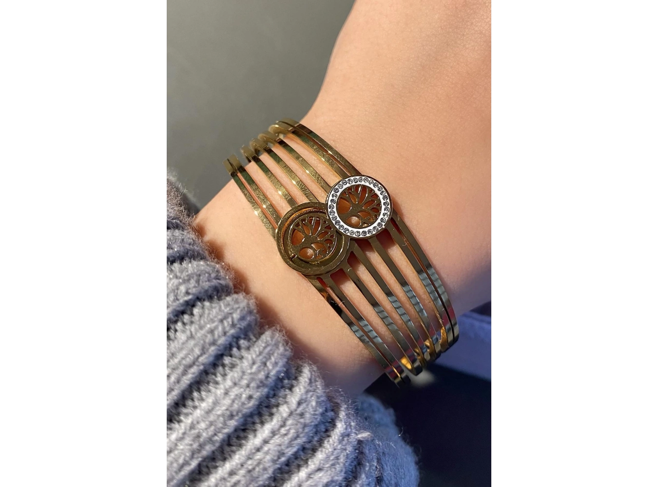 Altın Renk Hayat Ağacı Figürlü Çelik Kelepçe Bileklik