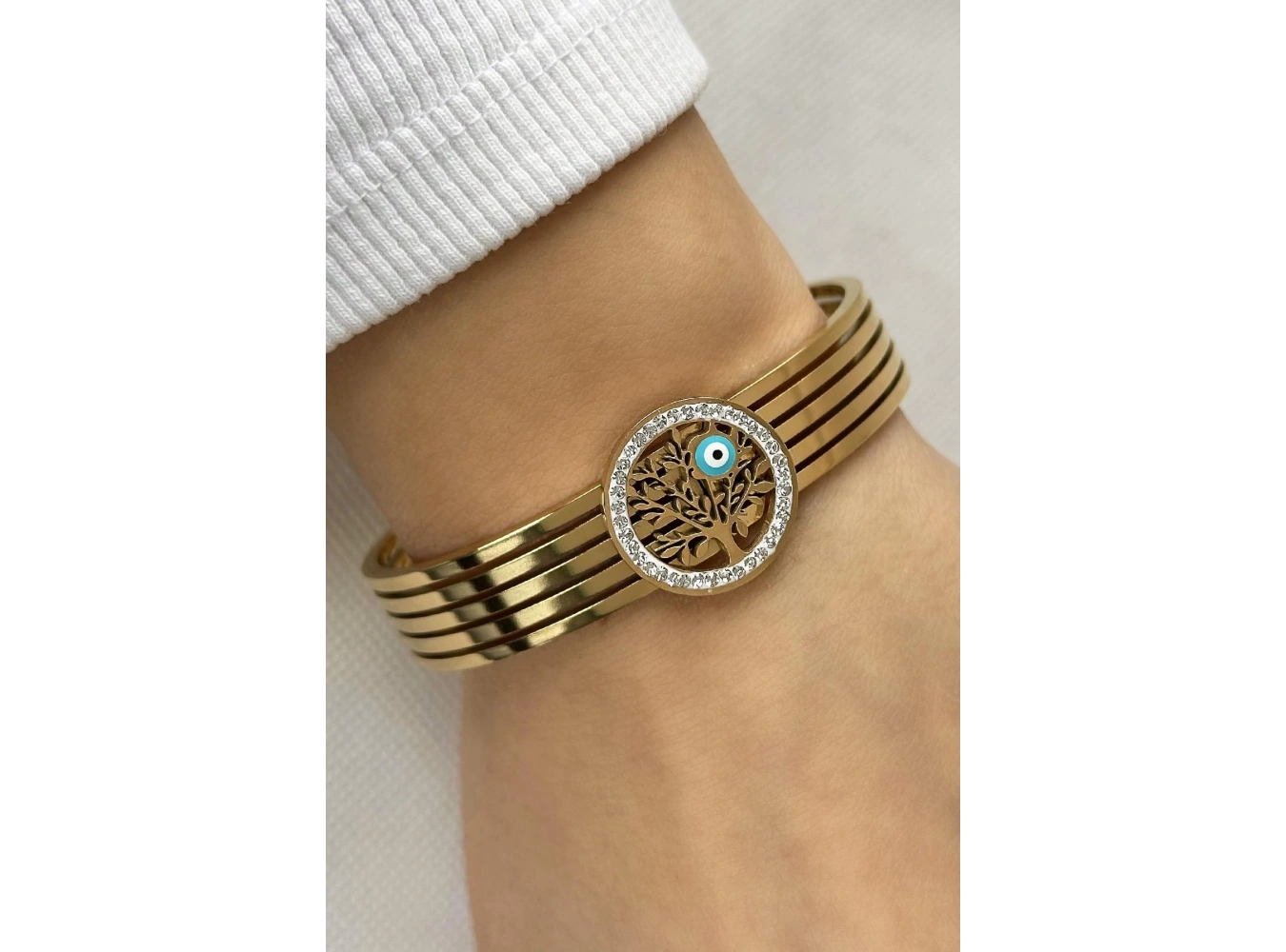 Altın Renk Hayat Ağacı Figürlü Çelik Kelepçe Bileklik