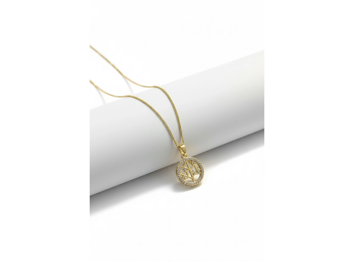 Altın Renk Hayat Ağacı Figürlü Taş Detaylı Çelik Kolye