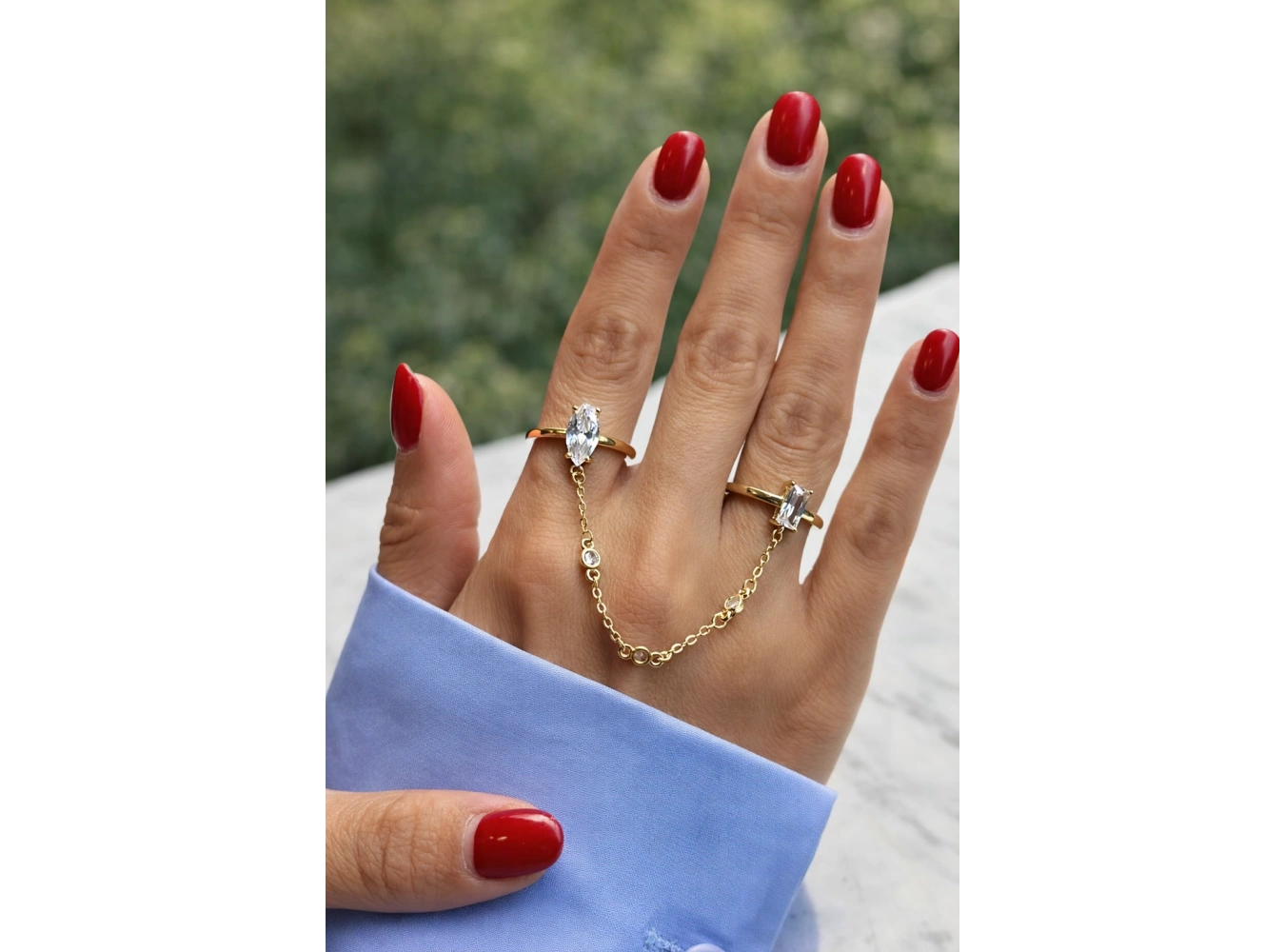 Altın Renk İkili Taşlı Zincir Detaylı Ayarlanabilir Yüzük