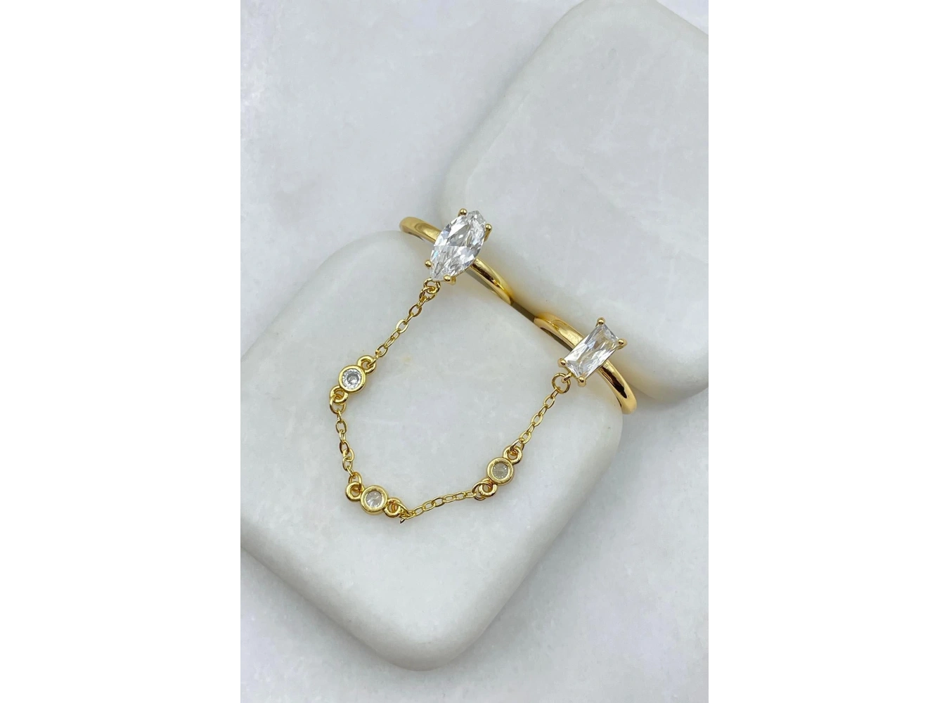 Altın Renk İkili Taşlı Zincir Detaylı Ayarlanabilir Yüzük