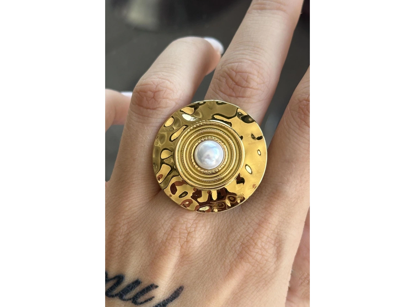 Altın Renk İnci Detaylı Ayarlanabilir Çelik Yüzük