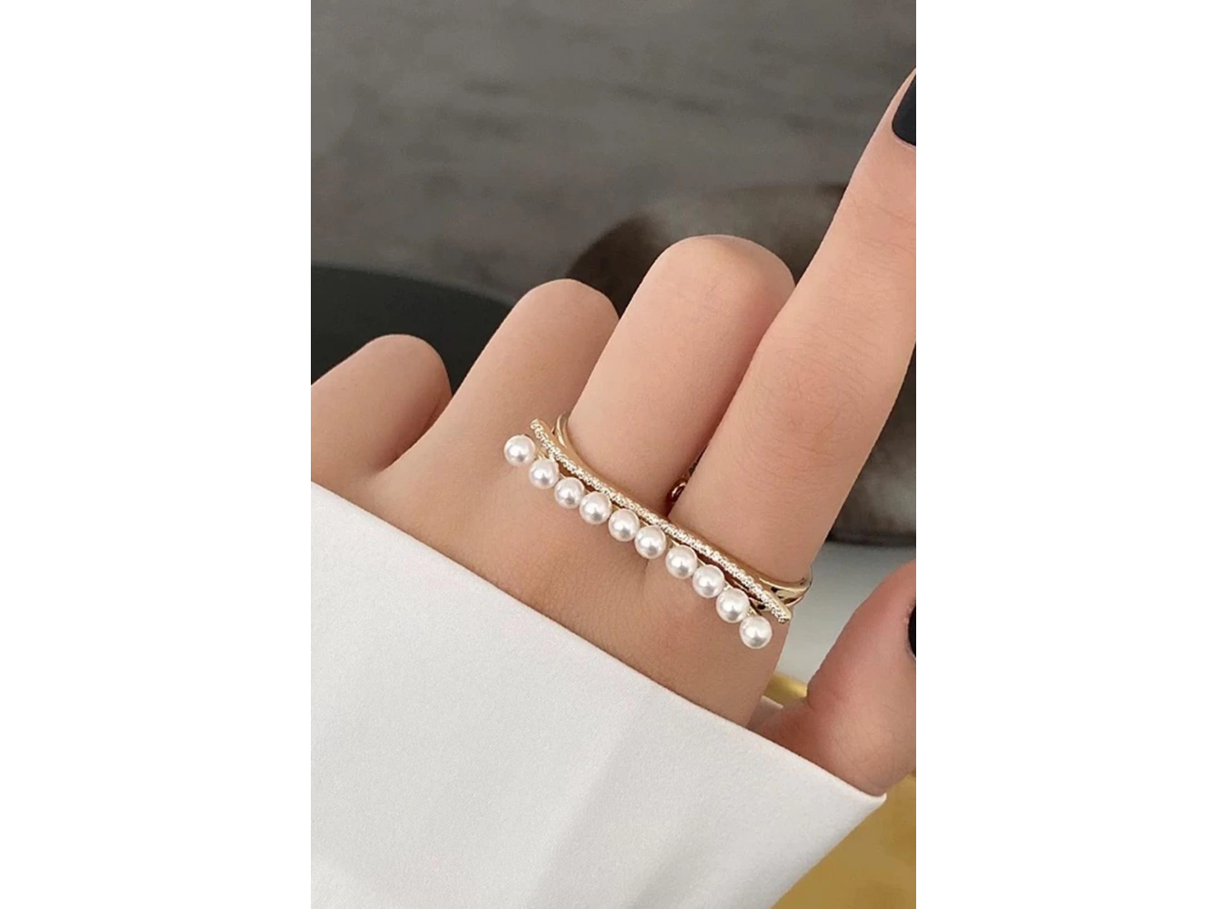 Altın Renk İnci Detaylı İkili Tasarım Yüzük