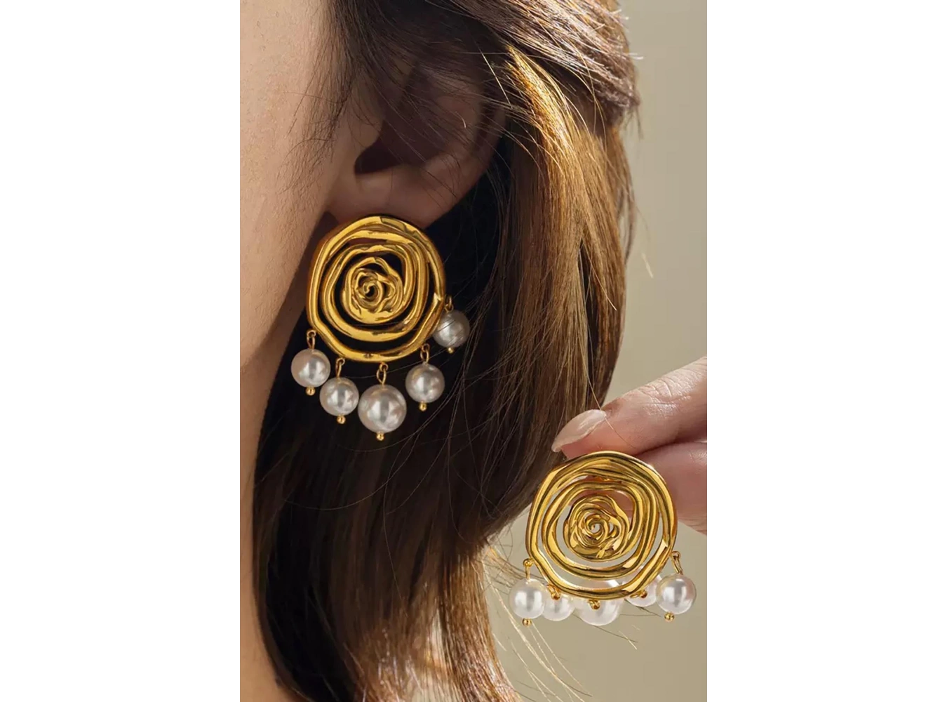 Altın Renk İnci Detaylı Küpe (Çift)