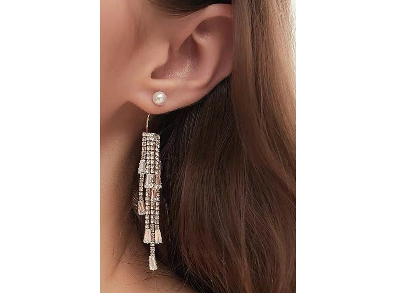 Altın Renk İnci Detaylı Taşlı Küpe (Çift)