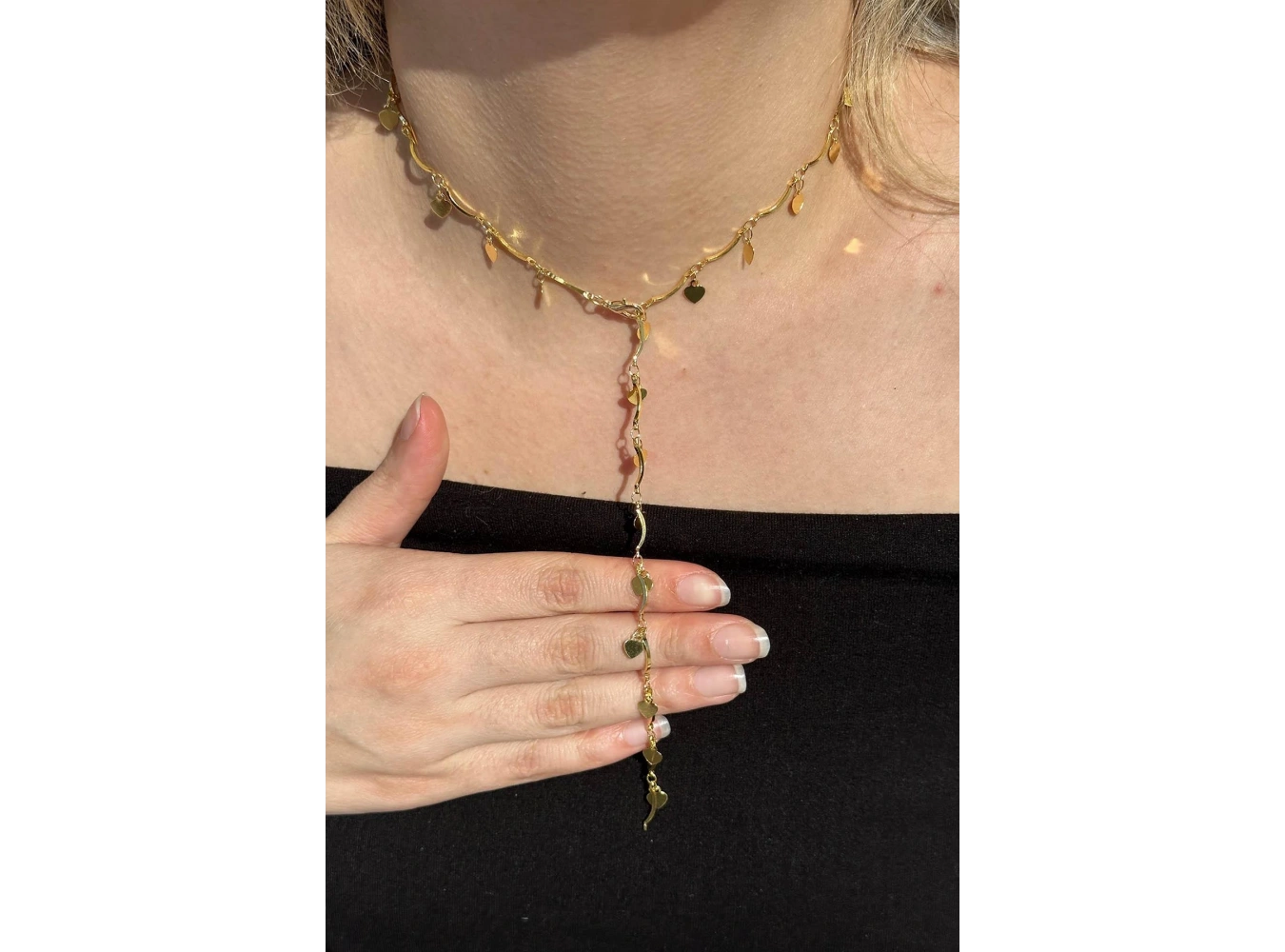 Altın Renk Kalp Detaylı Çelik Y Kolye