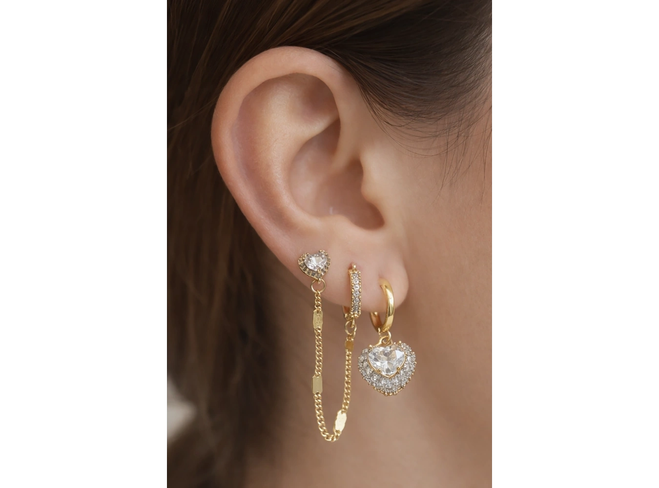 Altın Renk Kalp Figürlü 3lü Küpe Set