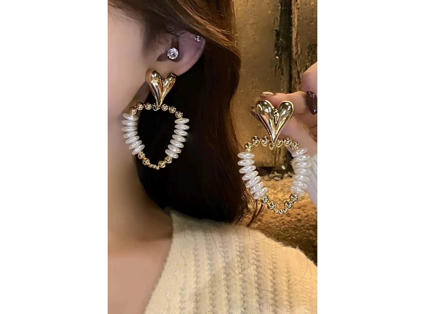 Altın Renk Kalp Figürlü İnci Detaylı Abiye Küpe (Çift)