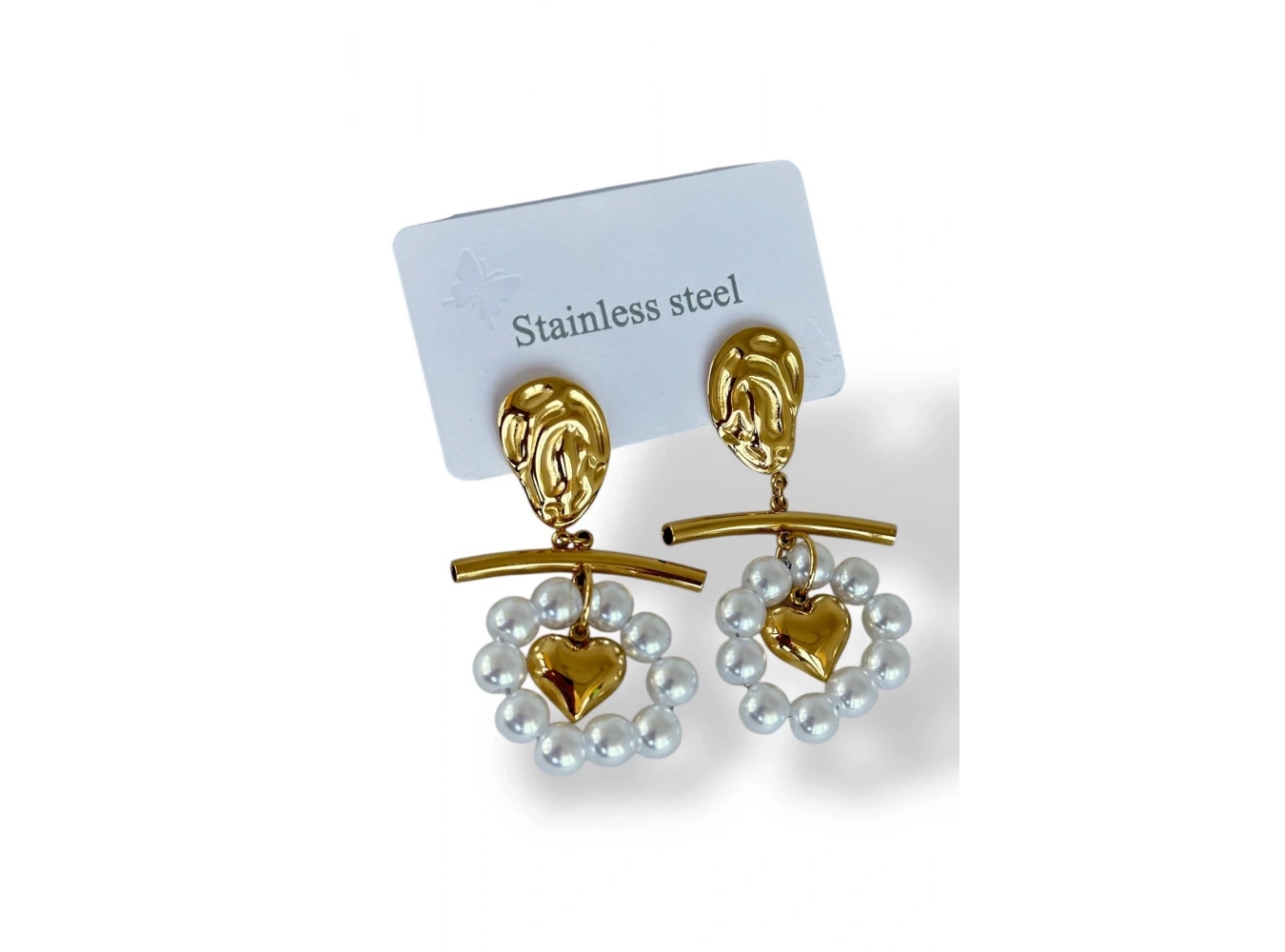 Altın Renk Kalp Figürlü İnci Detaylı Çelik Küpe (Çift)