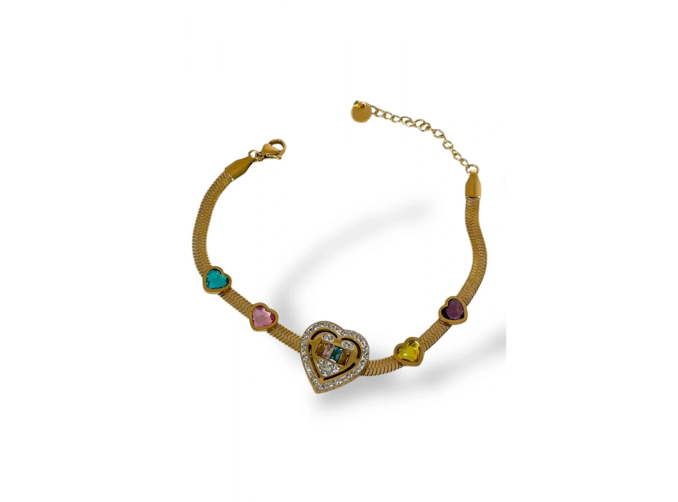 Altın Renk Kalp Figürlü Taş Detaylı Çelik Bileklik