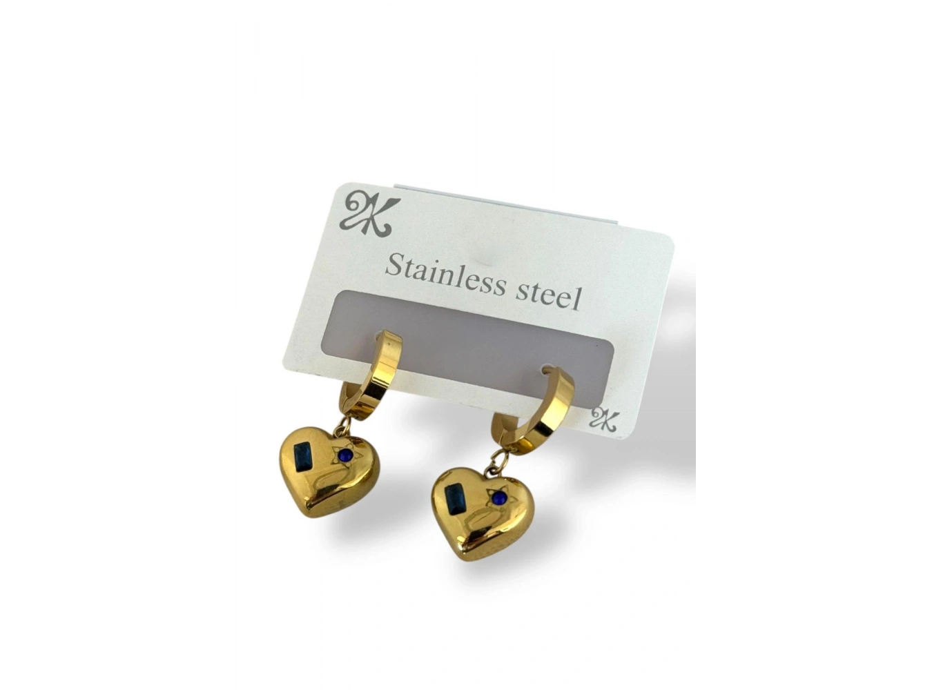 Altın Renk Kalp Figürlü Taş Detaylı Çelik Küpe (Çift)