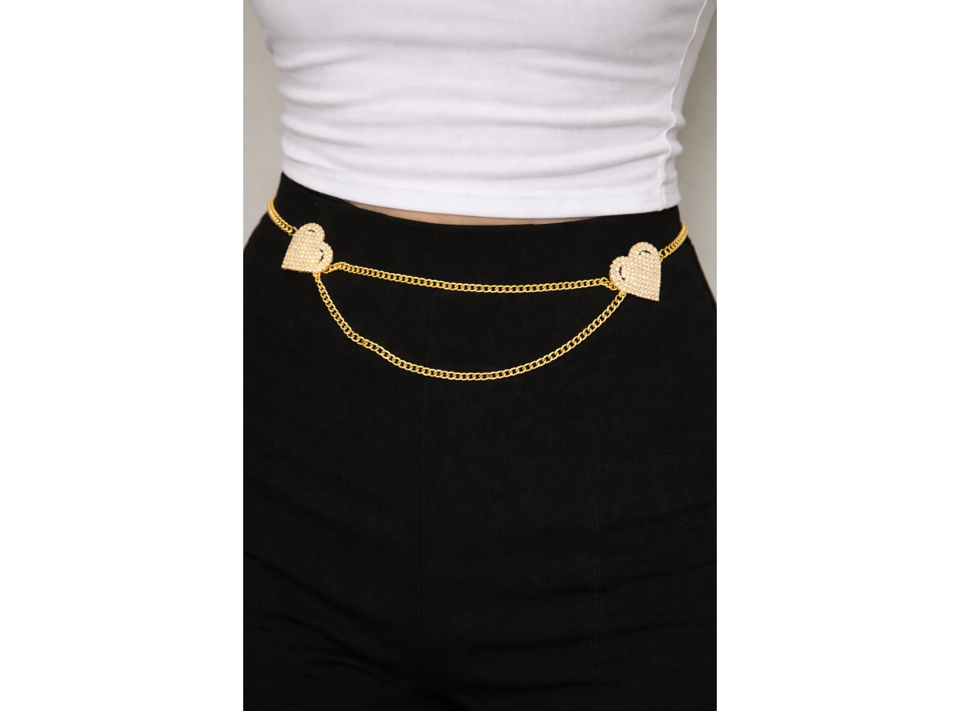 Altın Renk Kalp Figürlü Taş Detaylı Tasarım Bel Zinciri/Vücut Aksesuar