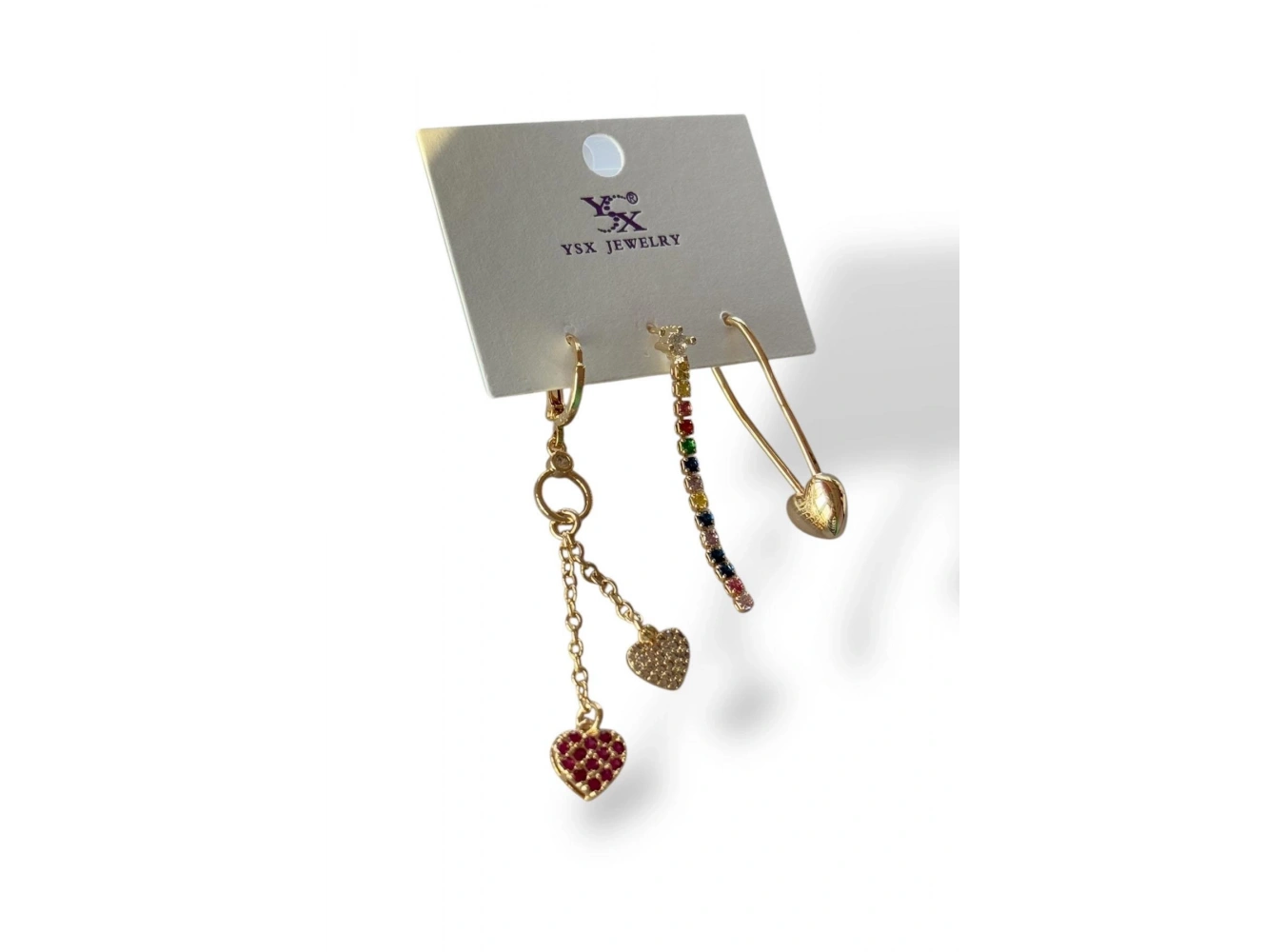 Altın Renk Kalp Figürlü Taş Detaylı VİP 3lü YSX Küpe Set