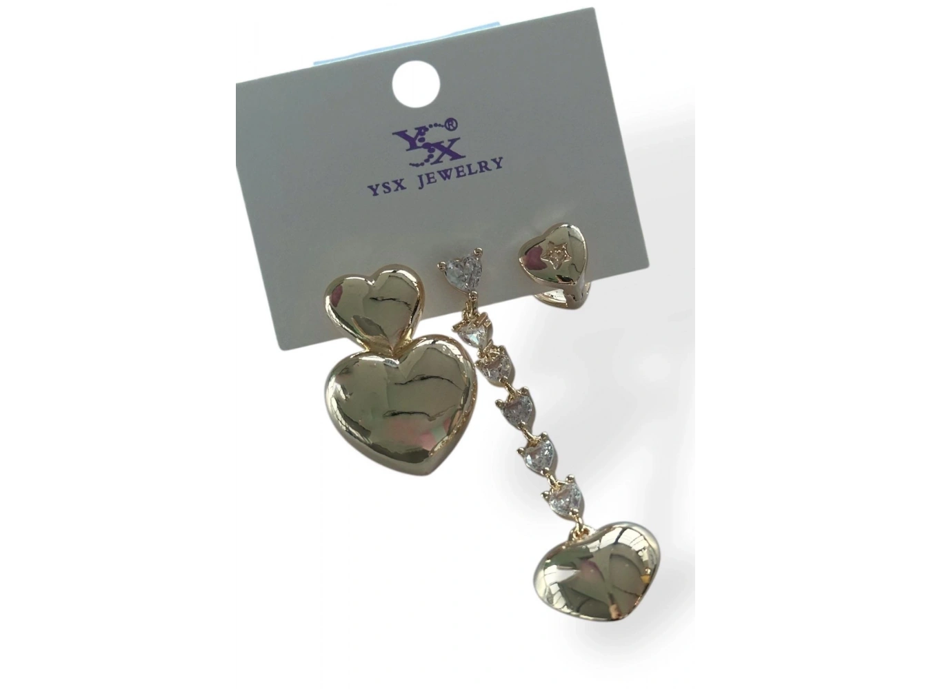 Altın Renk Kalp Figürlü Taş Detaylı VİP 3lü YSX Küpe Set