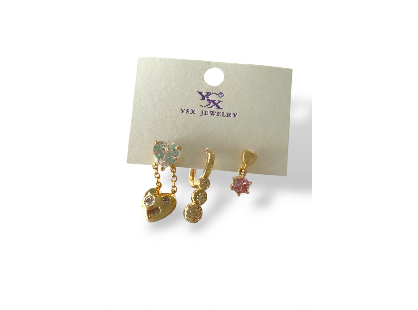 Altın Renk Kalp Figürlü Taş Detaylı VİP 3lü YSX Küpe Set