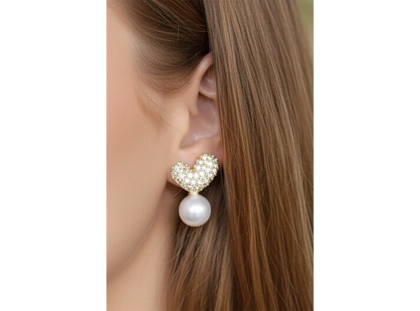 Altın Renk Kalp Figürlü Taş Ve İnci Detaylı 14K Altın Kaplama Küpe (Çift)