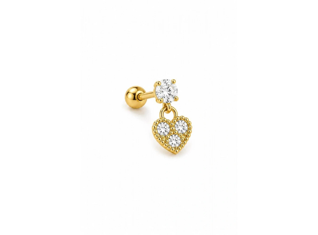 Altın Renk Kalp Figürlü  Taşlı Cerrahi Çelik Tragus/Kıkırdak Küpe/Piercing (Tek)