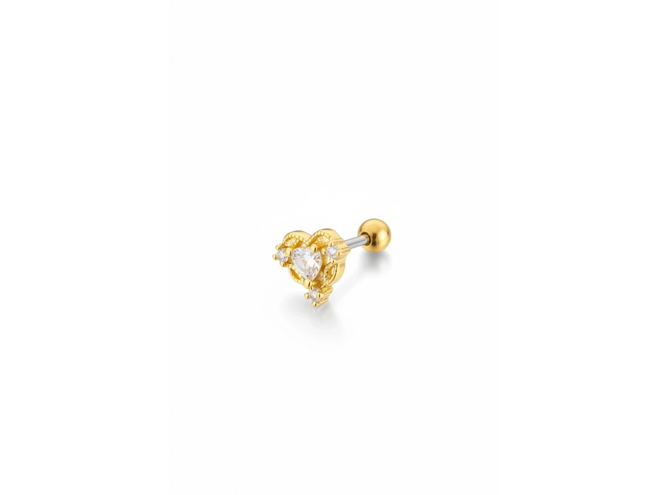 Altın Renk Kalp Figürlü Taşlı Cerrahi Çelik Tragus/Kıkırdak Küpe/Piercing (Tek)