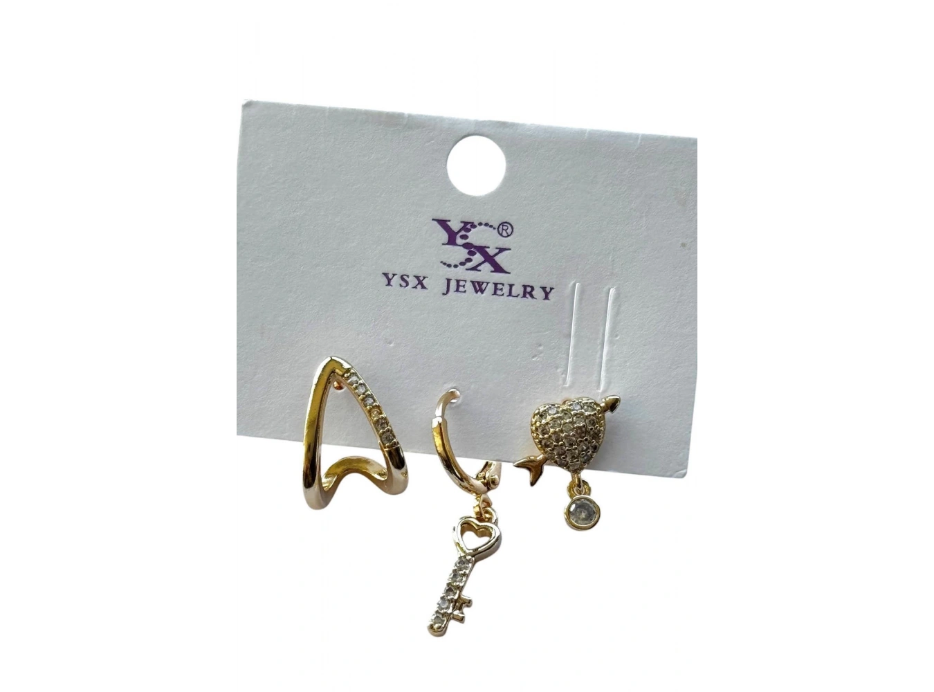 Altın Renk Kalp Ve Anahtar Figürlü Taş Detaylı VİP 3lü YSX Küpe Set