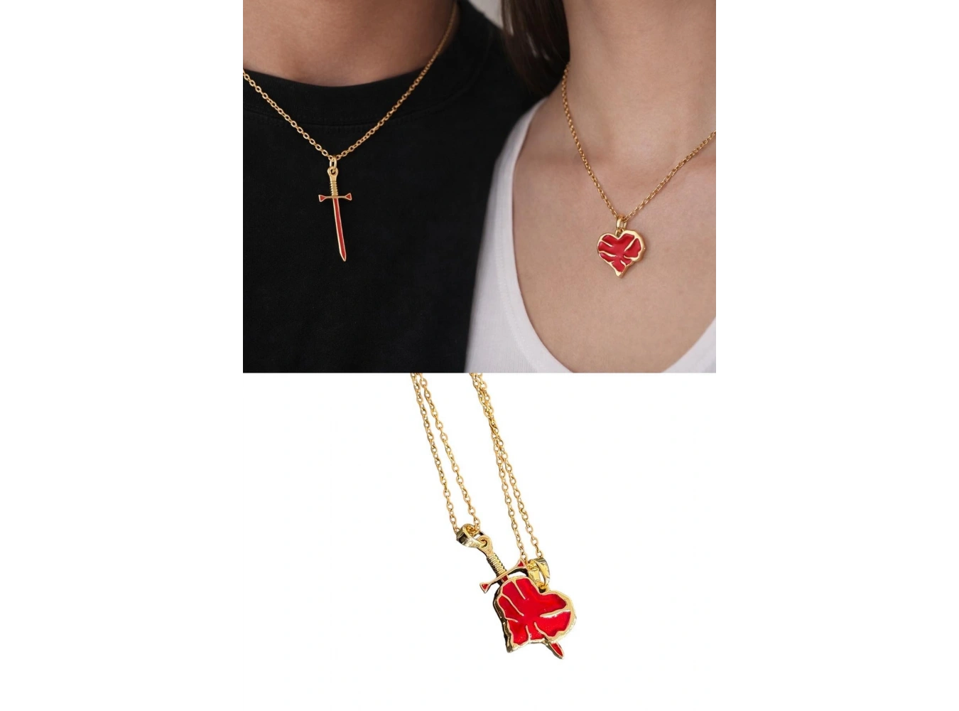 Altın Renk Kalp Ve Kılıç Figürlü İkili Çelik Sevgili Kolyesi