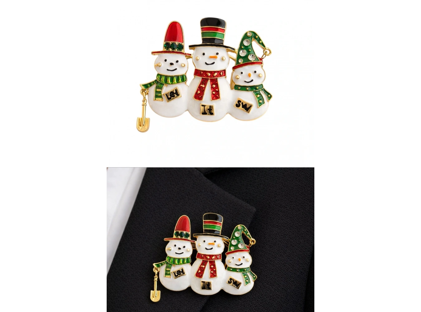 Altın Renk Kardan Adam Figürlü Yılbaşı Temalı Broş