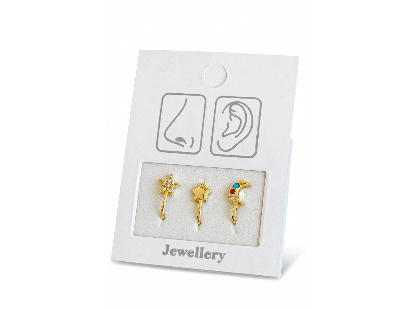 Altın Renk Karışık Figürlü Deliksiz Kulak/Burun 3lü Piercing Set