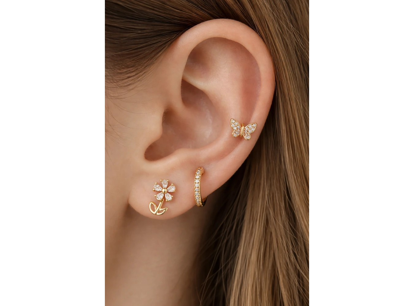 Altın Renk Karışık Figürlü Taş Detaylı 3lü YSX Küpe Set