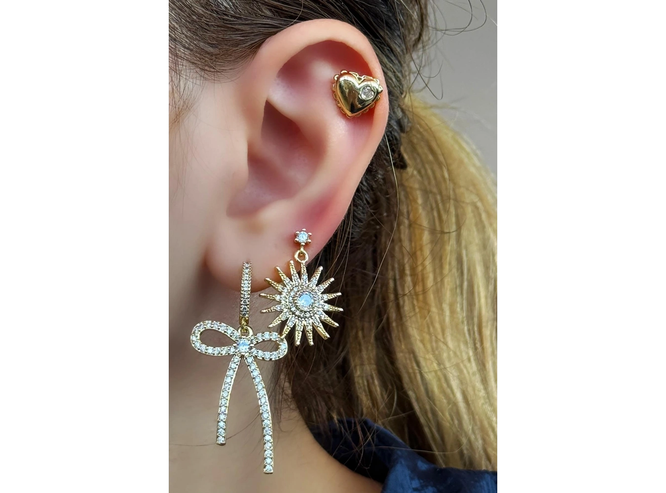 Altın Renk Karışık Figürlü Taş Detaylı 3lü YSX Küpe Set