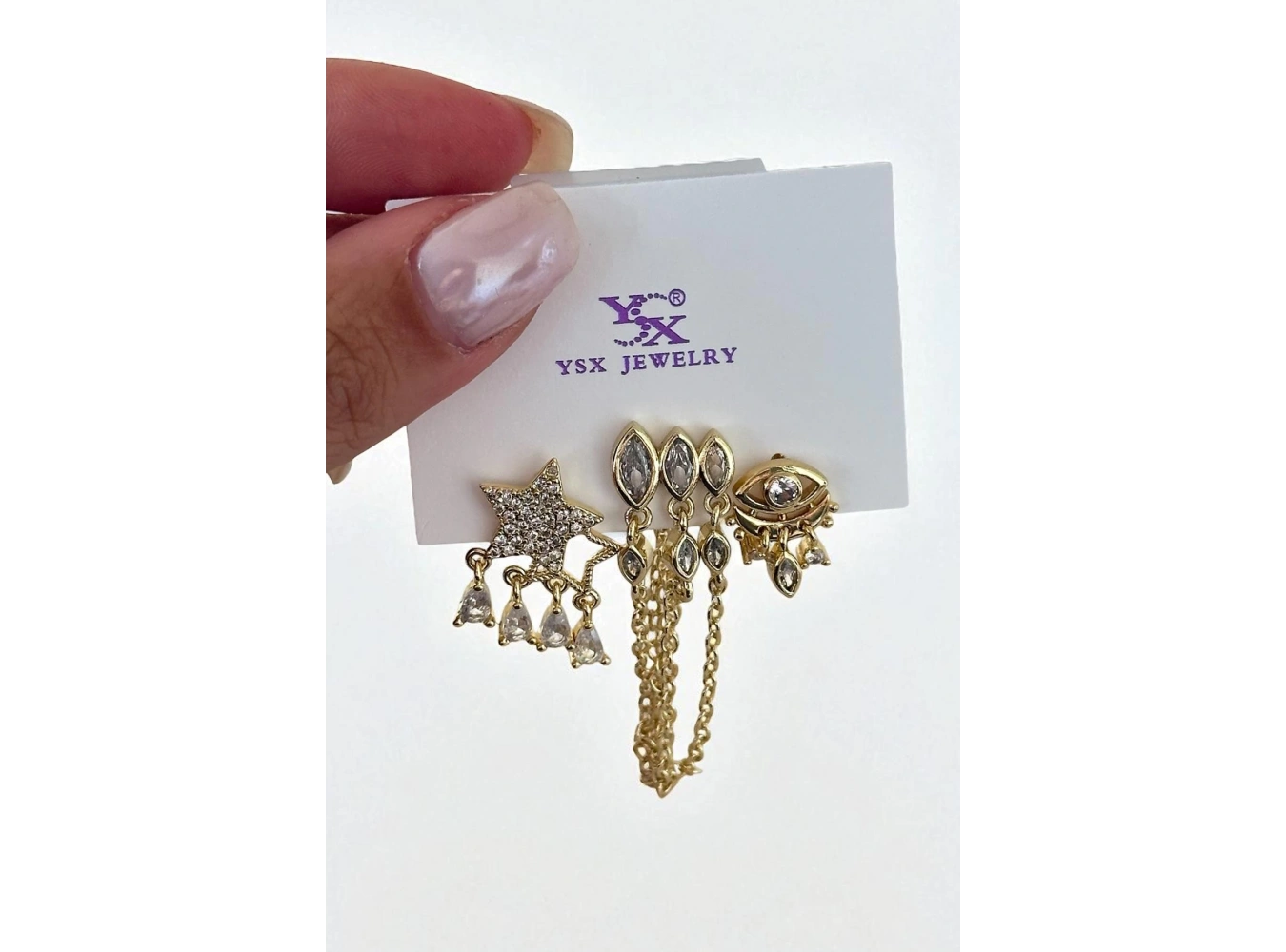 Altın Renk Karışık Figürlü Taş Detaylı 3lü YSX Küpe Set