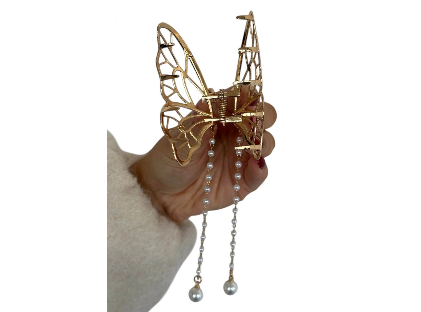 Altın Renk Kelebek Figürlü İnci Detaylı Sallantılı Metal Mandal Toka