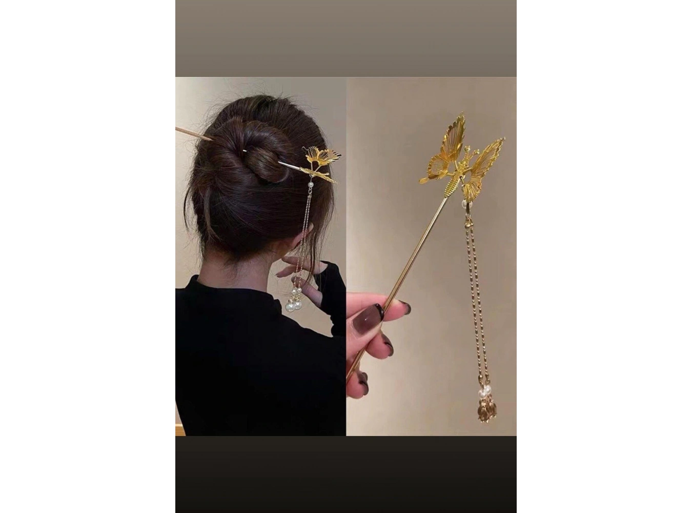 Altın Renk Kelebek Figürlü Sallantılı Topuz Tokası