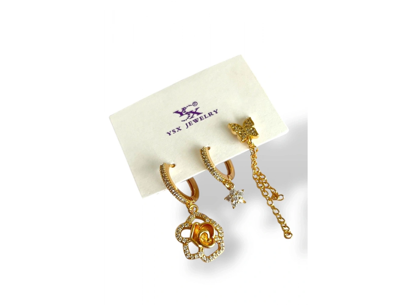 Altın Renk Kelebek Figürlü Taş Detaylı 3lü YSX Küpe Set