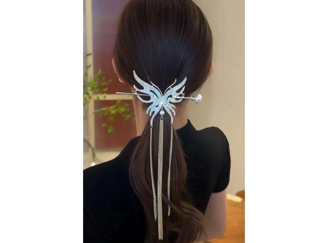 Rose Renk Kelebek Figürlü Taşlı Sallantılı Topuz Toka