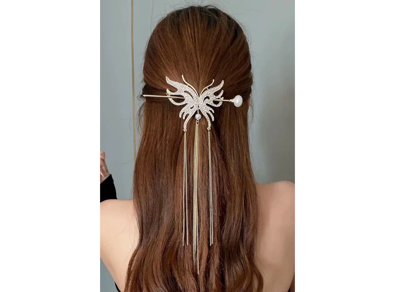 Rose Renk Kelebek Figürlü Taşlı Sallantılı Topuz Toka