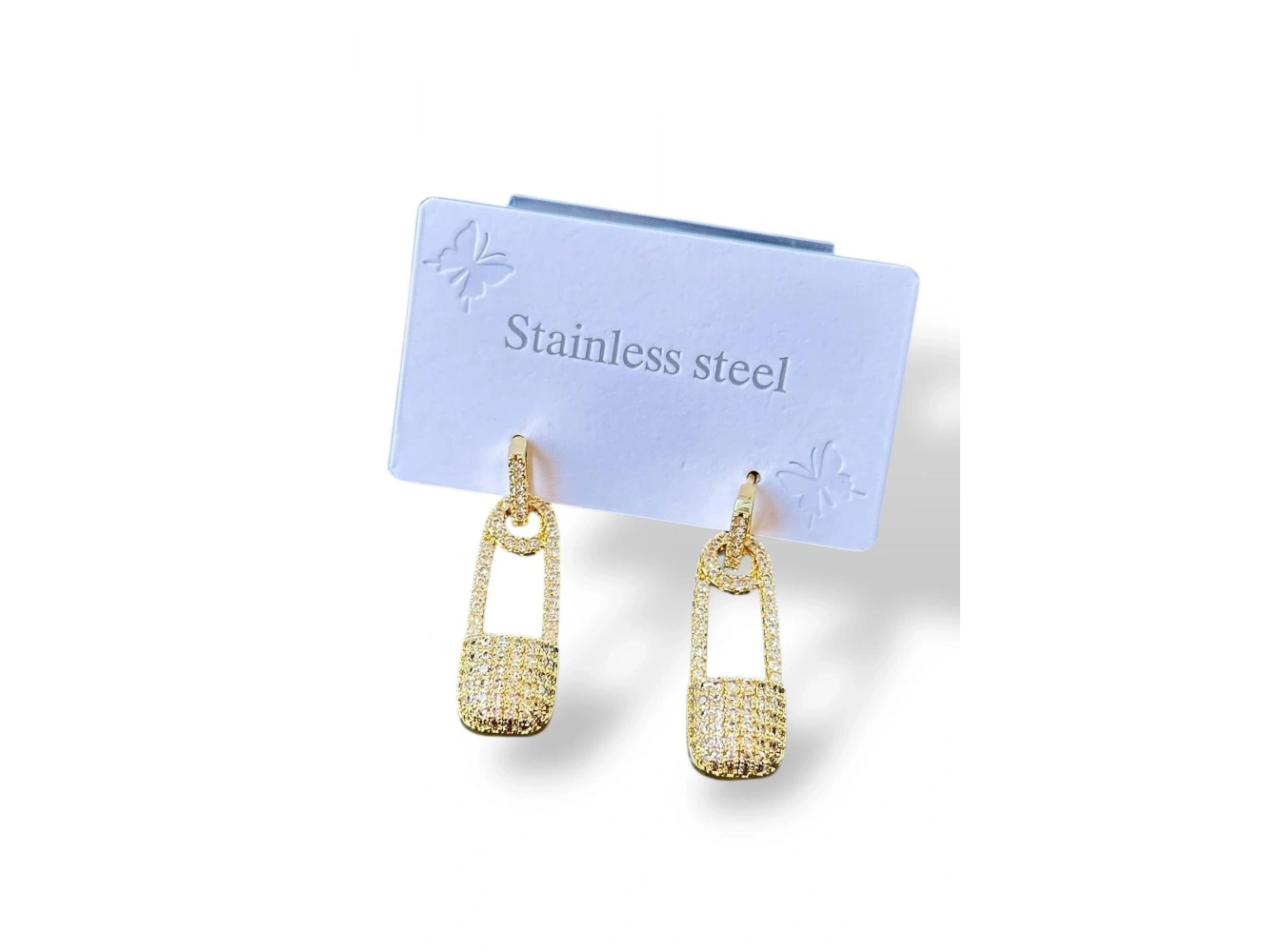 Altın Renk Kilit Figürlü Taş Detaylı Çelik Küpe (Çift)