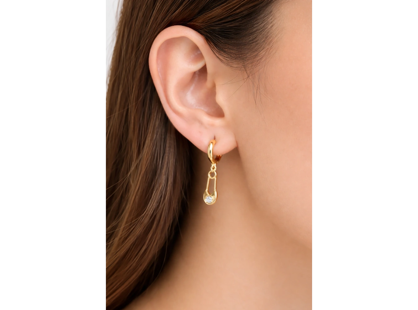 Altın Renk Kilitli İğne Detaylı Halka Tx Küpe (Çift)