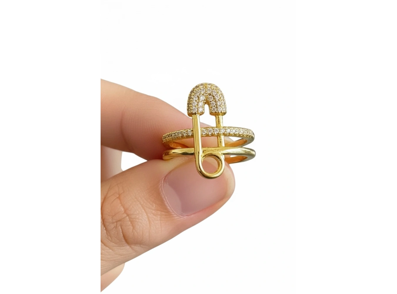 Altın Renk Kilitli İğne Figürlü 14K Altın Kaplama Ayarlanabilir Yüzük