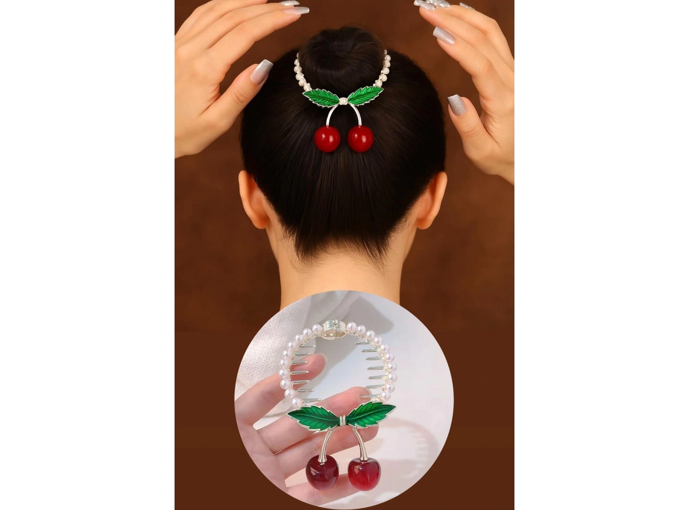 Altın Renk Kiraz Figürlü İnci Detaylı Sallantılı Topuz Tokası