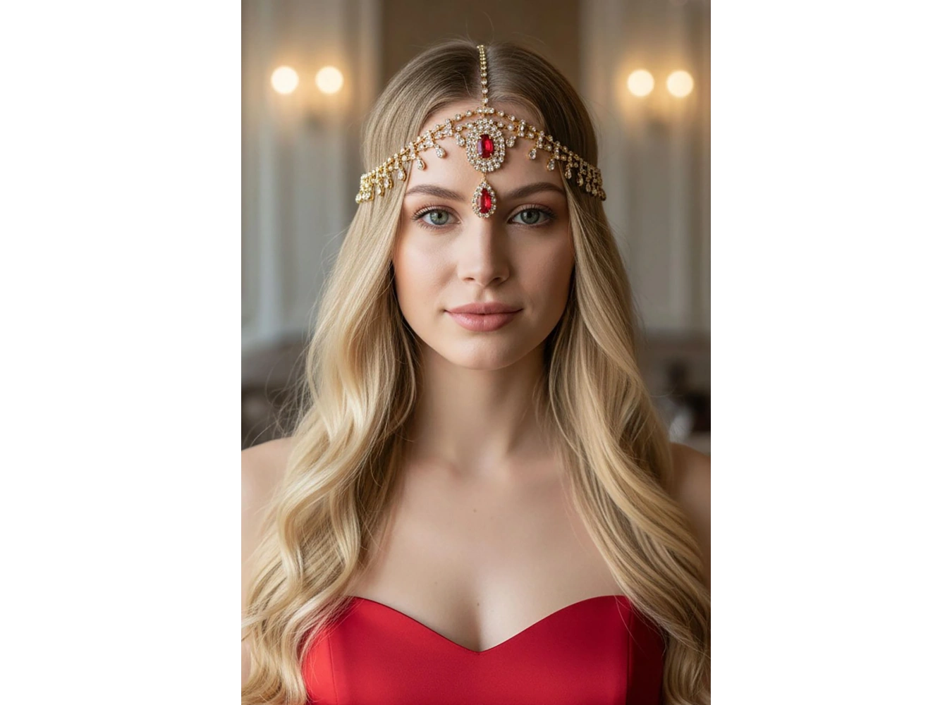 Altın Renk Kırmızı Taş Detaylı Alınlık/Kına Aksesuarı