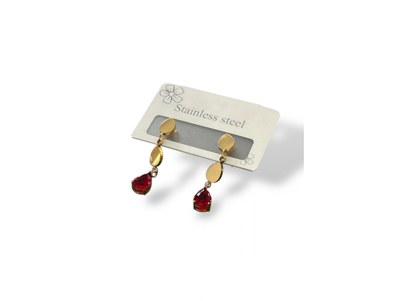 Altın Renk Kırmızı Taş Detaylı Çelik Küpe (Çift)