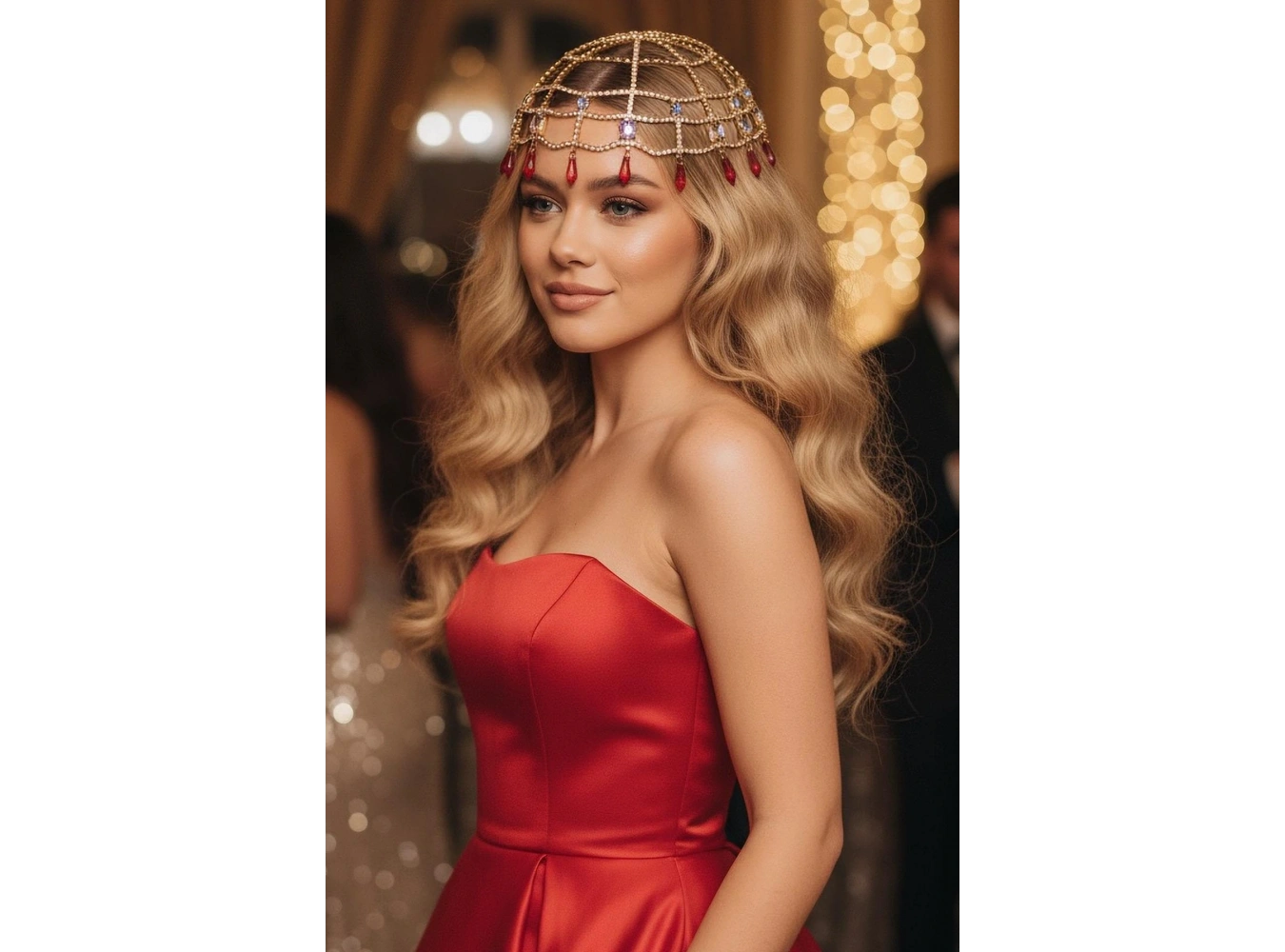 Altın Renk Kırmızı Taş Detaylı Saç Aksesuarı/ Kına Aksesuarı