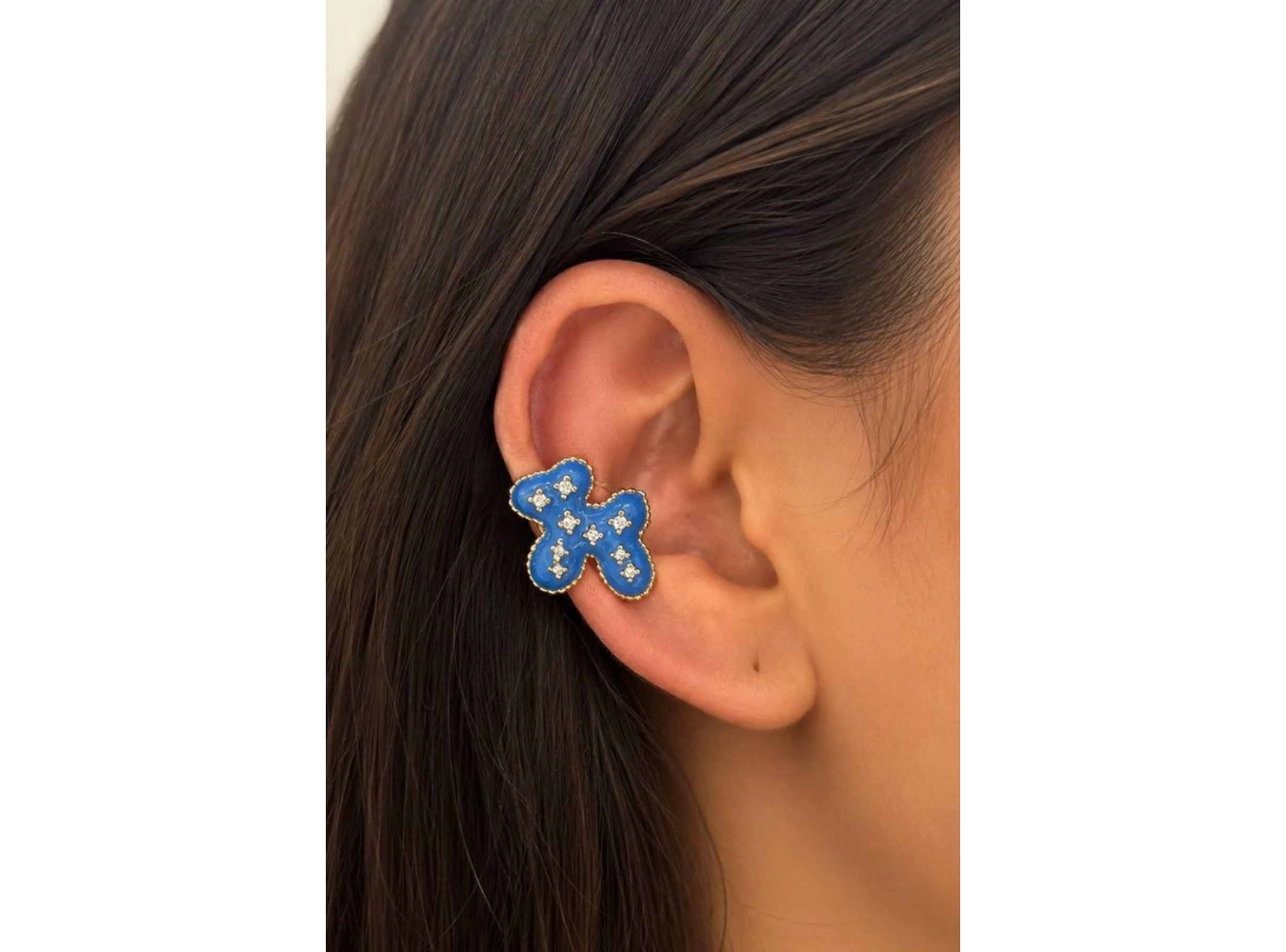 Altın Renk Köpek Figürlü Taş Detaylı 14K Altın Kaplama TX Ear Cuff (Tek)