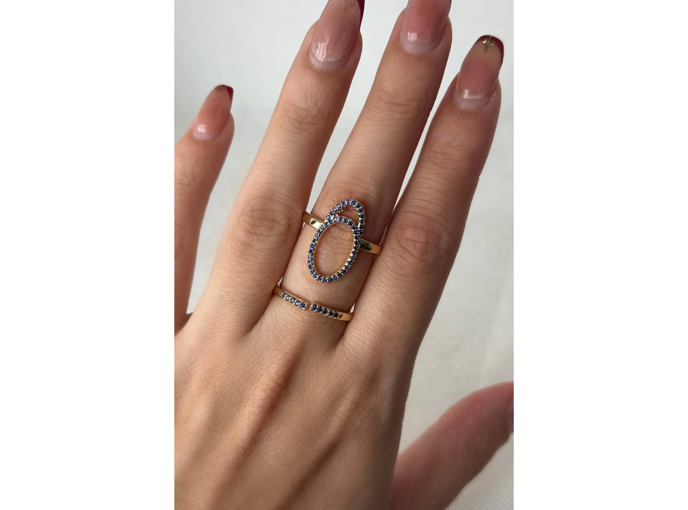 Altın Renk Lacivert Taş Detaylı Ayarlanabilir Çelik Yüzük