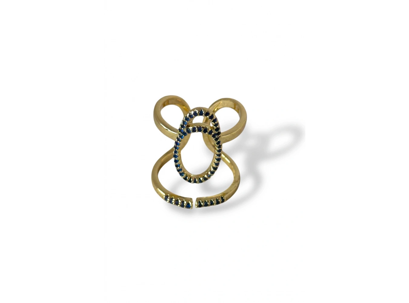 Altın Renk Lacivert Taş Detaylı Ayarlanabilir Çelik Yüzük