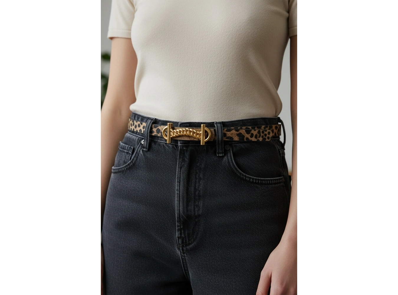 Altın Renk Leopar Desenli Kadın Deri Kemer