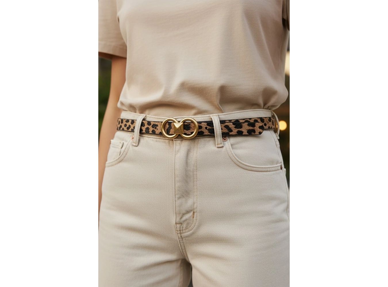 Altın Renk Leopar Desenli Kadın Deri Kemer