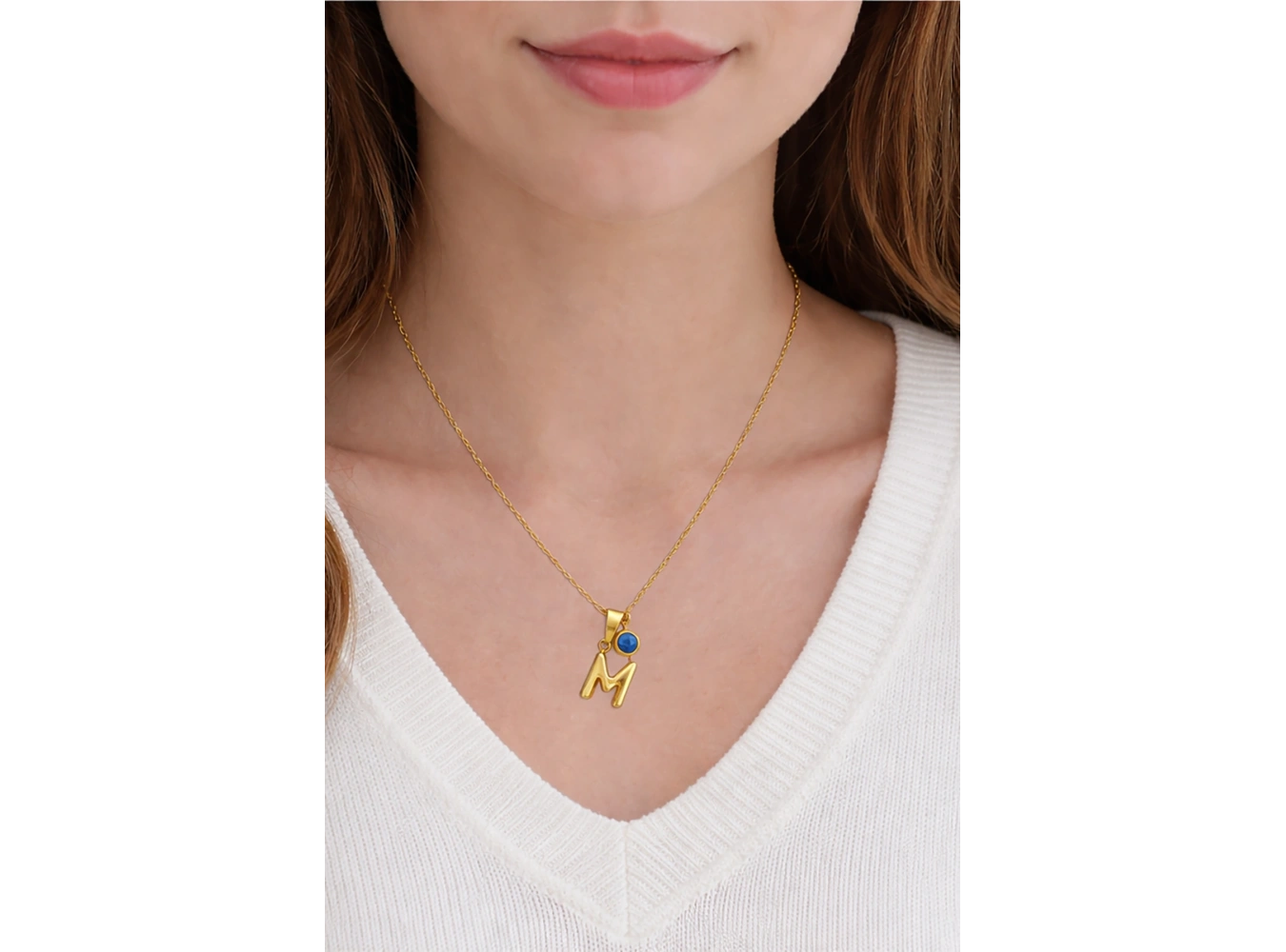 Altın Renk M Harfli Nazar Boncuk Detaylı Çelik Kolye