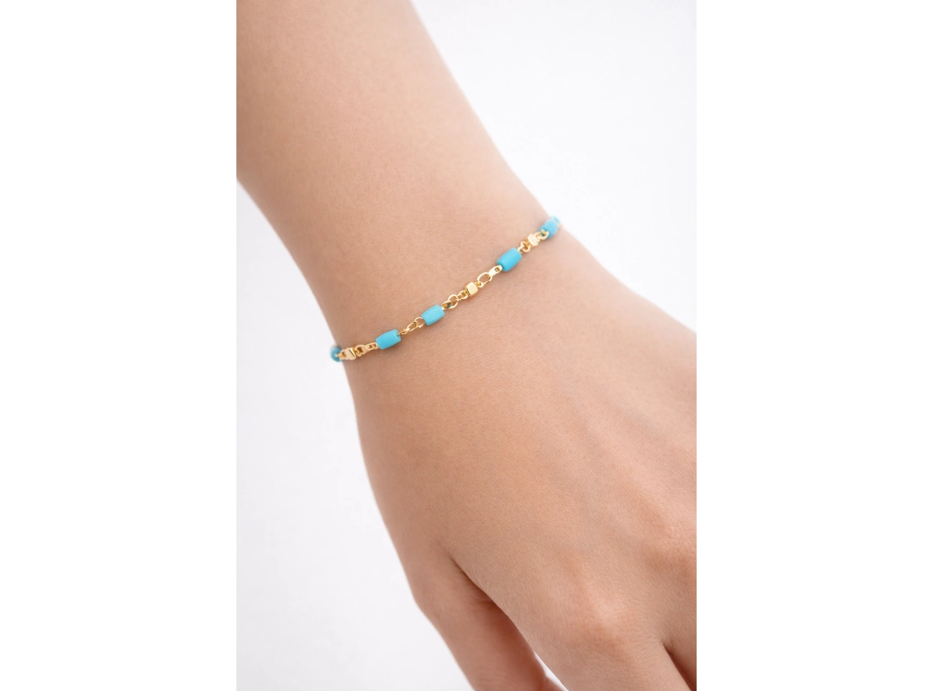 Altın Renk Mavi Boncuklu Zincir Bileklik